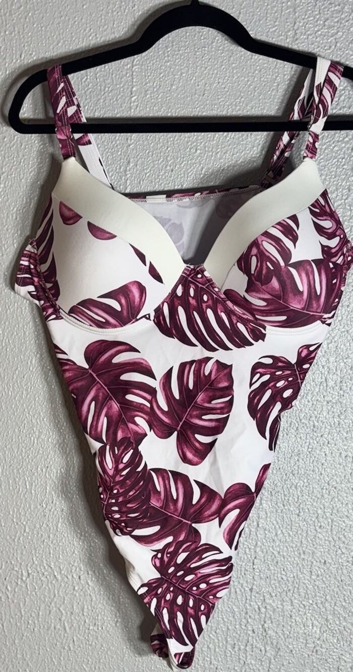 Women’s White Purple Tropical Leaf Print One-Piece Swimsuit Adjustable Strap